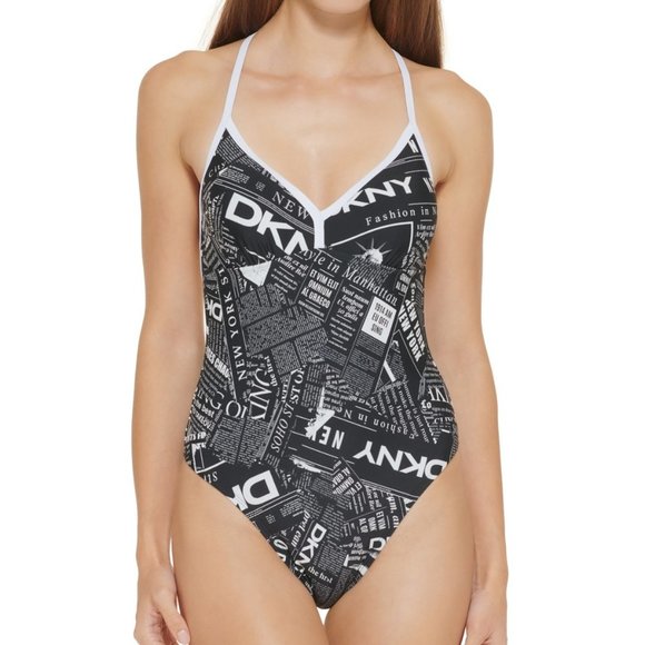 DKNY Graphic T-Back One-Piece Swimsuit Newsprint - Picture 1 of 10
